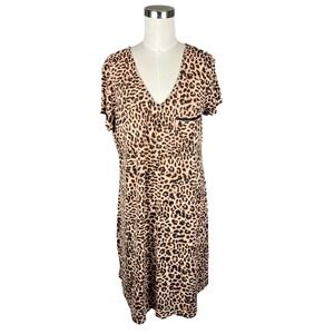 Soma Size M Leopard Print V Neck Short Sleeve Midi Sleep Shirt Dress Soft Cozy